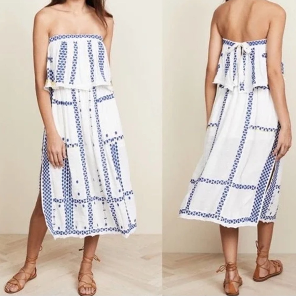 Free People Wild Romance Blue & White Embroidered Strapless Midi Dress